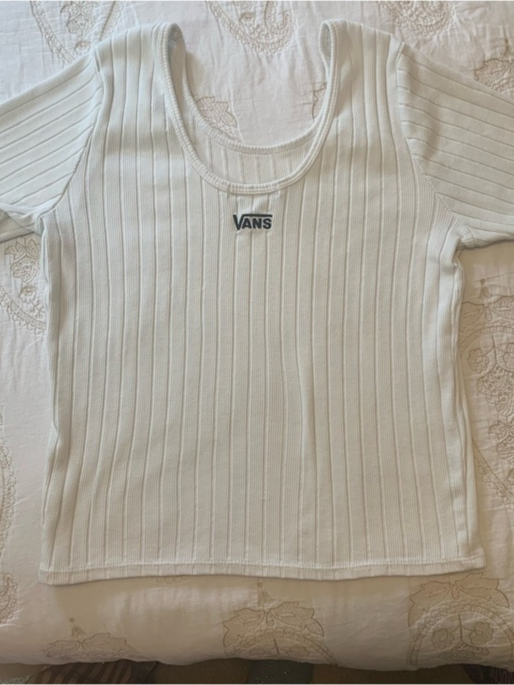 Vans White Ribbed Short Sleeve Scoop Neck Crop Top Tee Ladies XL